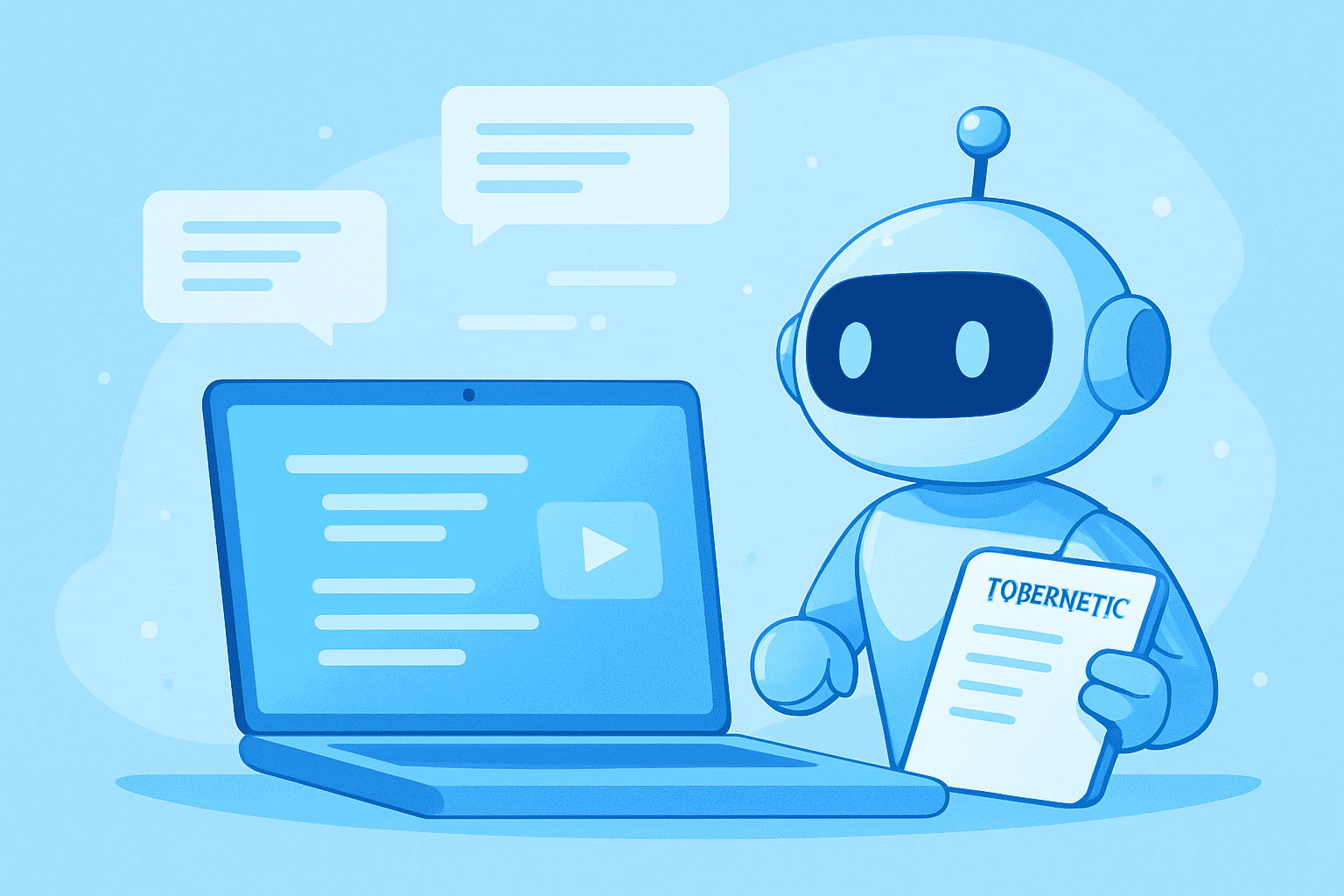 he blue robot holding a paper that says "TUBERNETIC."